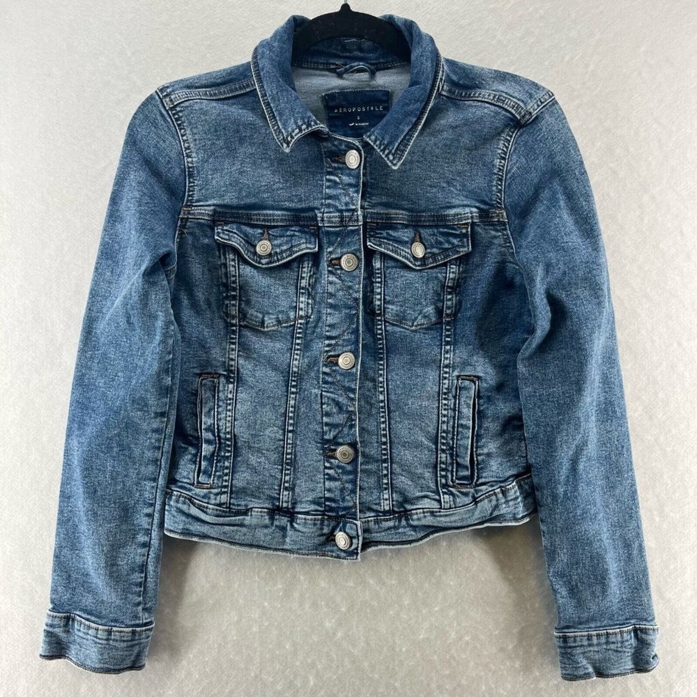 Aeropostale Jacket Womens Sz S Trucker Crop Button Front Long Sleeve Denim Blue